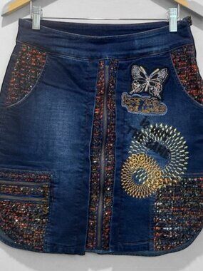 Desigual Blue Embroidered Layered Patchwork Skirt Size 38